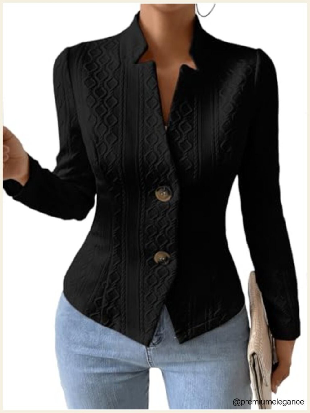 Women's Jacquard Knit Blazer Jacket - Slim Stand Collar Work Coat